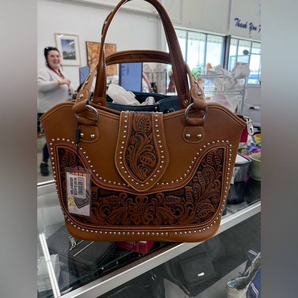 Montana West Handbags - Montana West Tooling Studded Handbag (Brown)